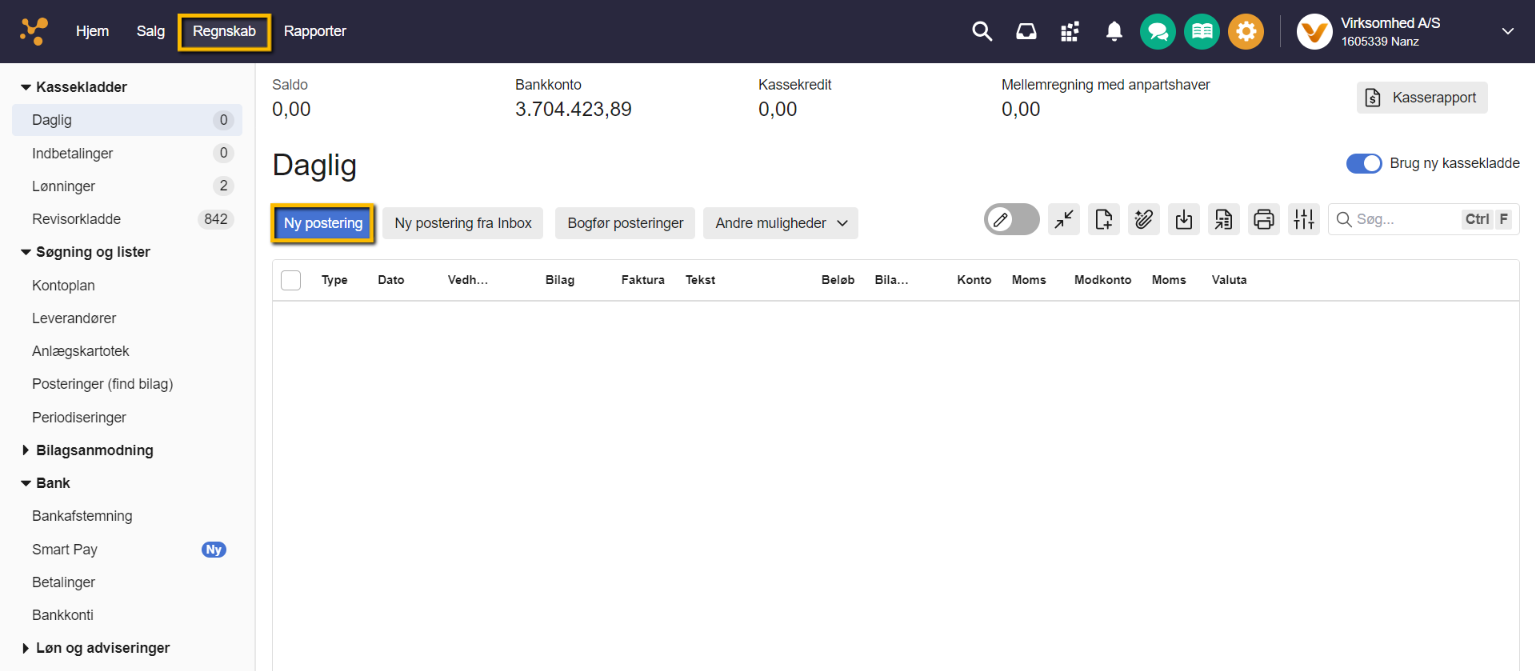 Viser knappen 'Ny postering' i en kassekladde – bruges til at oprette en ny postering.