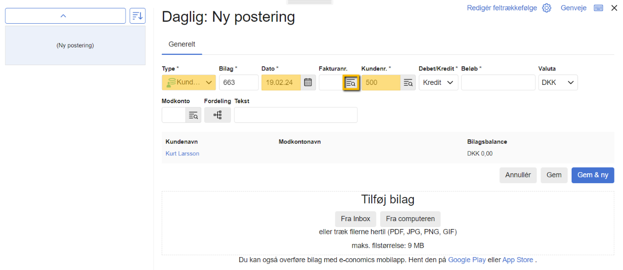 Viser Udlign posteringer-ikonet i en ny postering – bruges til at finde de fakturaer, der skal udlignes med indbetalingen