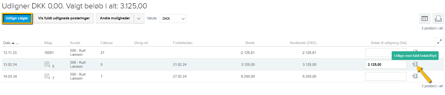 Viser knappen 'Udlign med fuldt beløb' i kassekladden – bruges til at udligne en faktura med det fulde beløb.