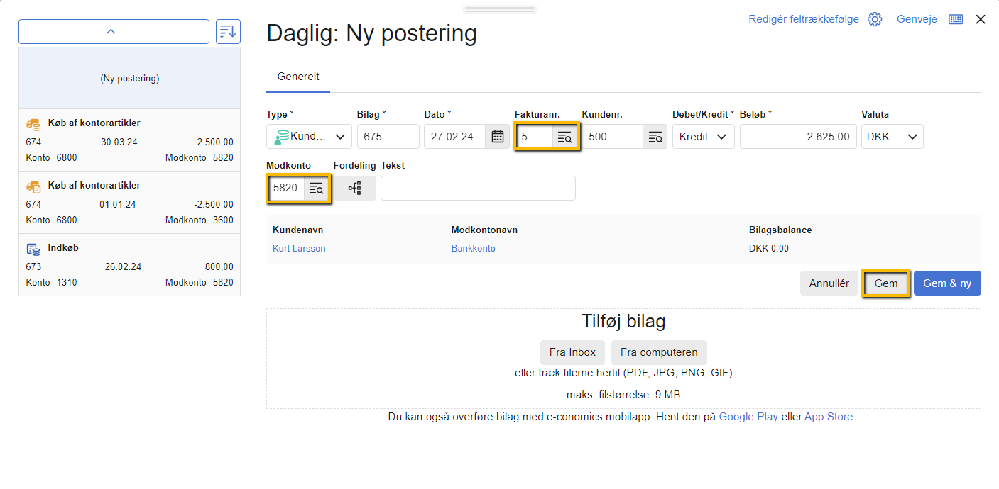 Viser oprettelse af en kundeindbetaling i kassekladden – bruges til at bogføre betalingen for en faktura.