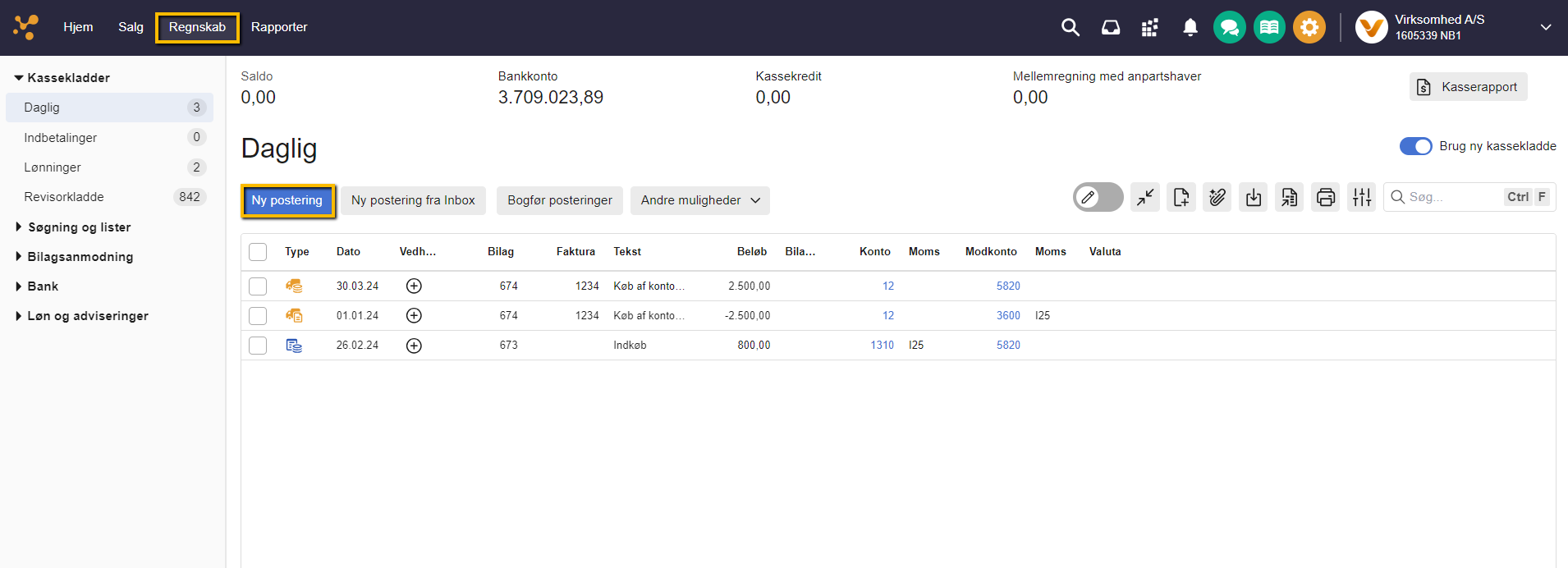 Viser knappen 'Ny postering' i kassekladden – bruges til at oprette den indbetalingspostering, der skal udligne fakturaer.