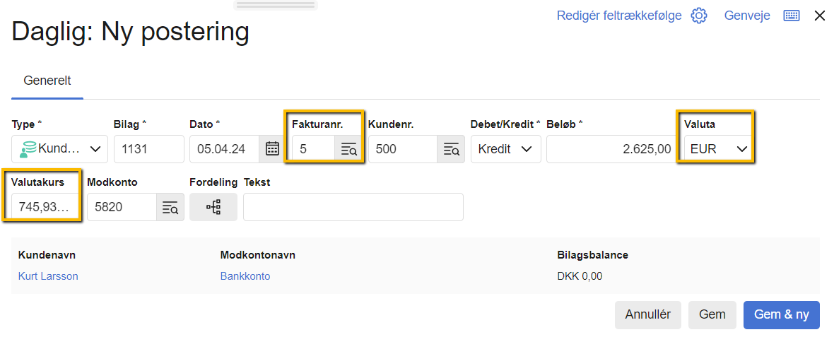 Viser oprettelse af en kundeindbetaling i kassekladden – bruges til at registrere en indbetaling for en faktura i en fremmed valuta.