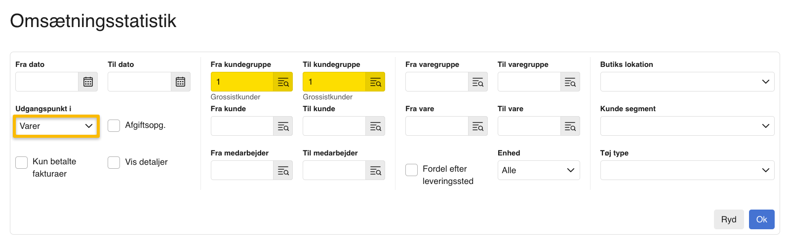 Viser dialogboksen Omsætningsstatistik i Rapporter – bruges til at afgrænse en rapport, der viser varesalg til en bestemt kunde.