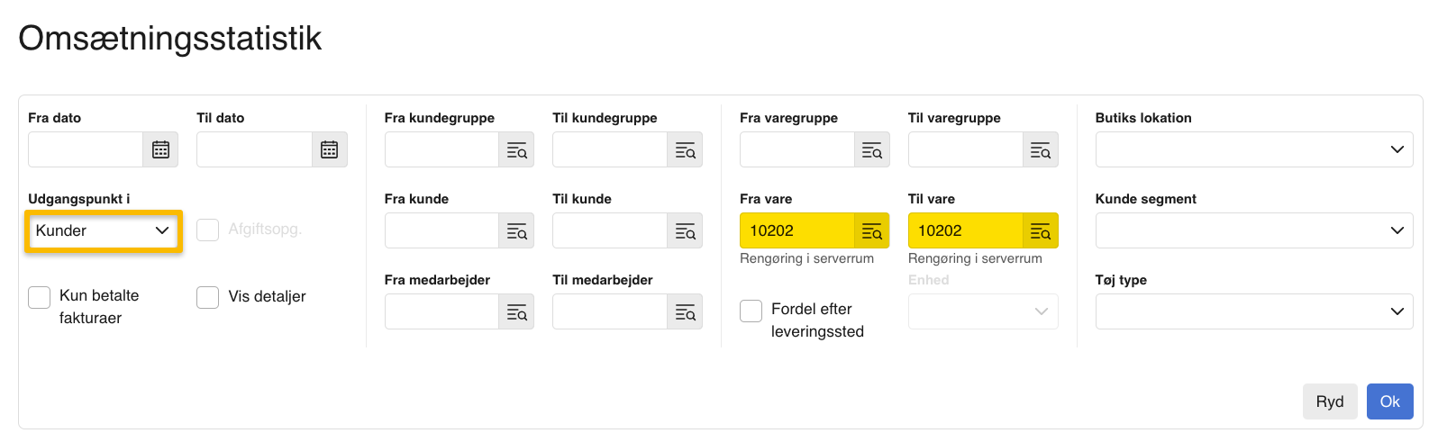 Viser filtreringsmulighederne i rapporten Omsætningsstatistik – bruges til at se, hvilke kunder der har købt en bestemt vare.