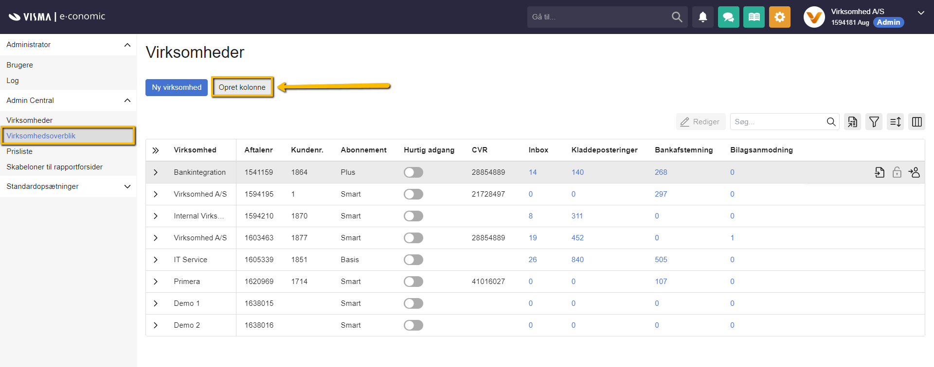 Viser knappen 'Opret kolonne' i Virksomhedsoverblikket – bruges til at oprette en ny, brugerdefineret kolonne i oversigten.
