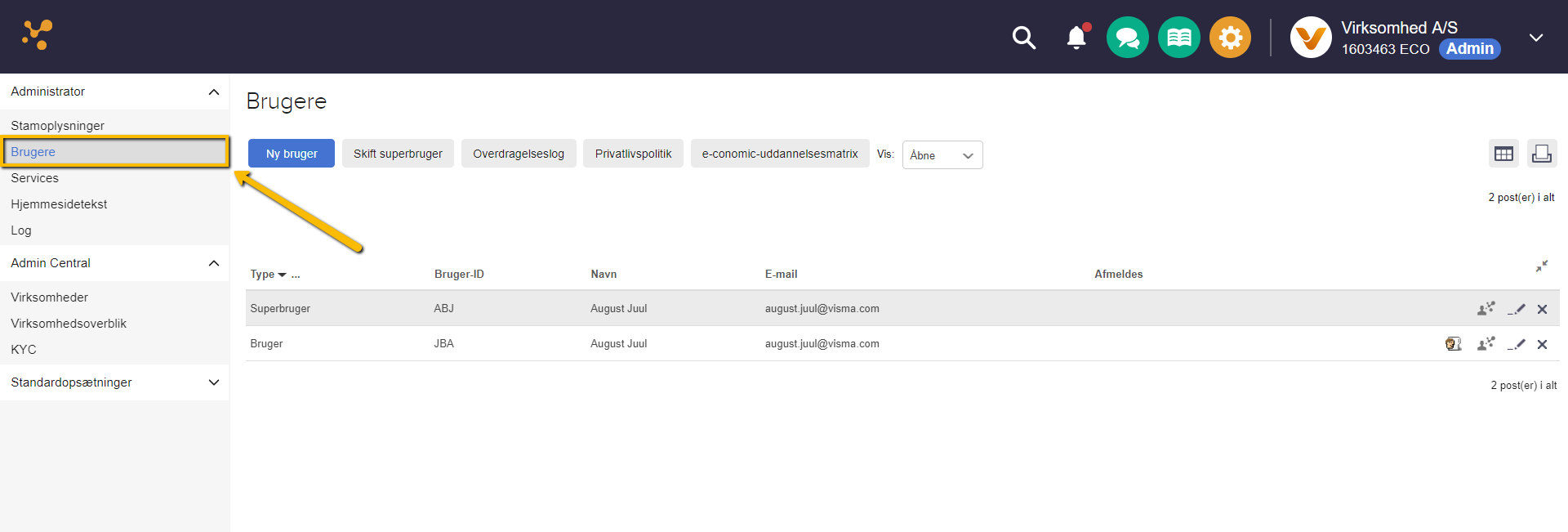 Viser menupunktet Brugere i Stamoplysninger – bruges til at finde brugeroversigten.