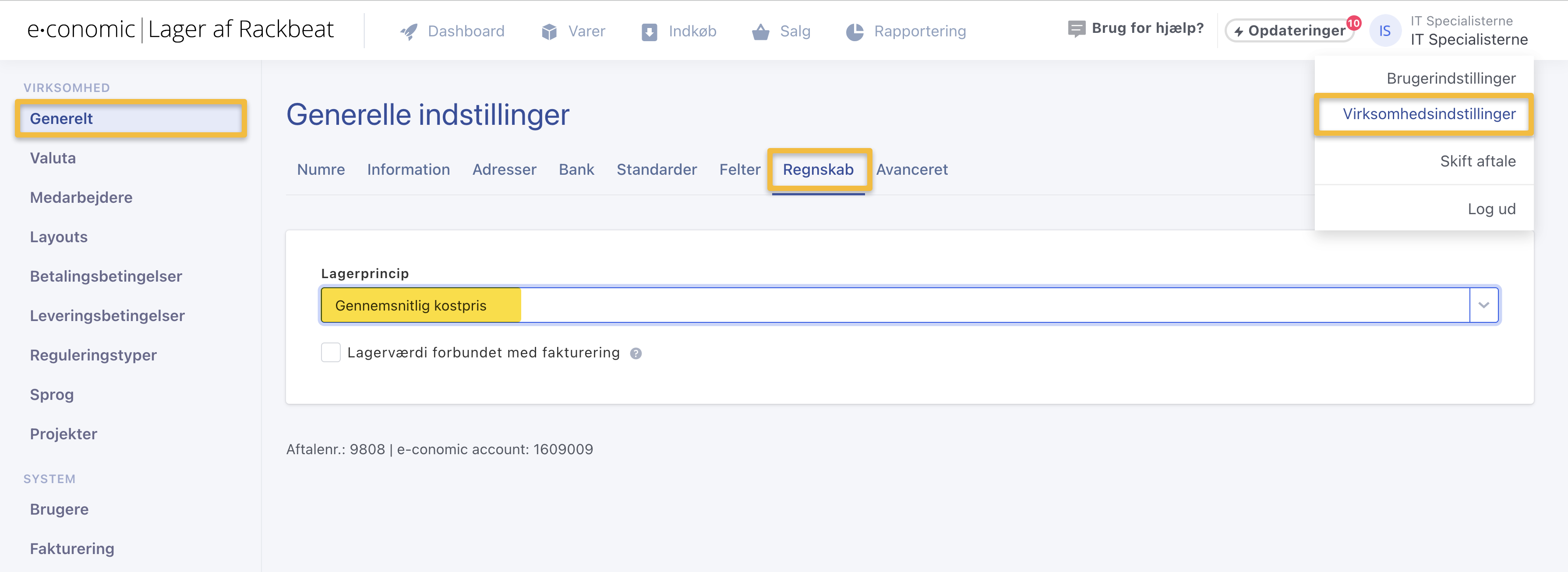 Viser feltet 'Lagerprincip' i Virksomhedsindstillinger under fanen 'Regnskab' – bruges til at vælge lagerprincip for virksomheden.
