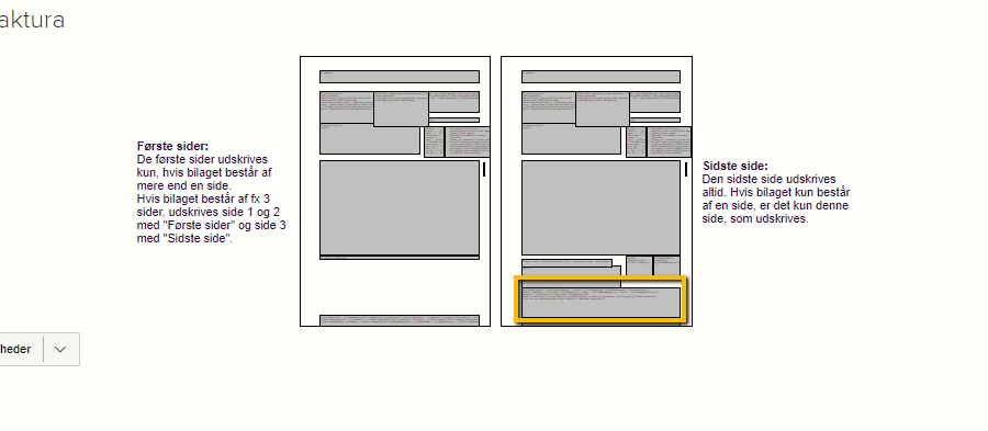 Viser et markeret felt for bankoplysninger i layout-editoren for fakturaskabeloner – bruges til at finde og redigere feltet med bankoplysninger i skabelonen.