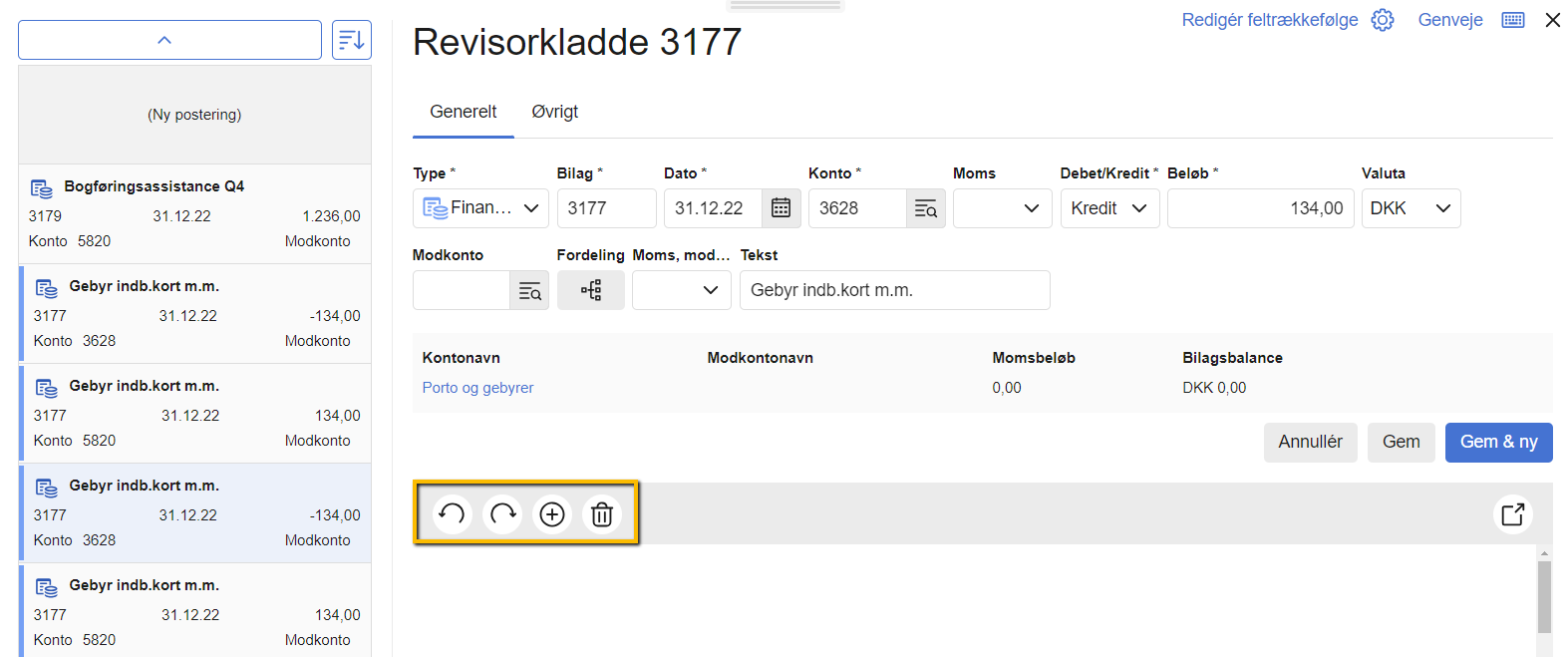 Viser ikonerne for bilagshåndtering i en kassekladde – bruges til at rotere, tilføje eller slette et bilag på en postering.