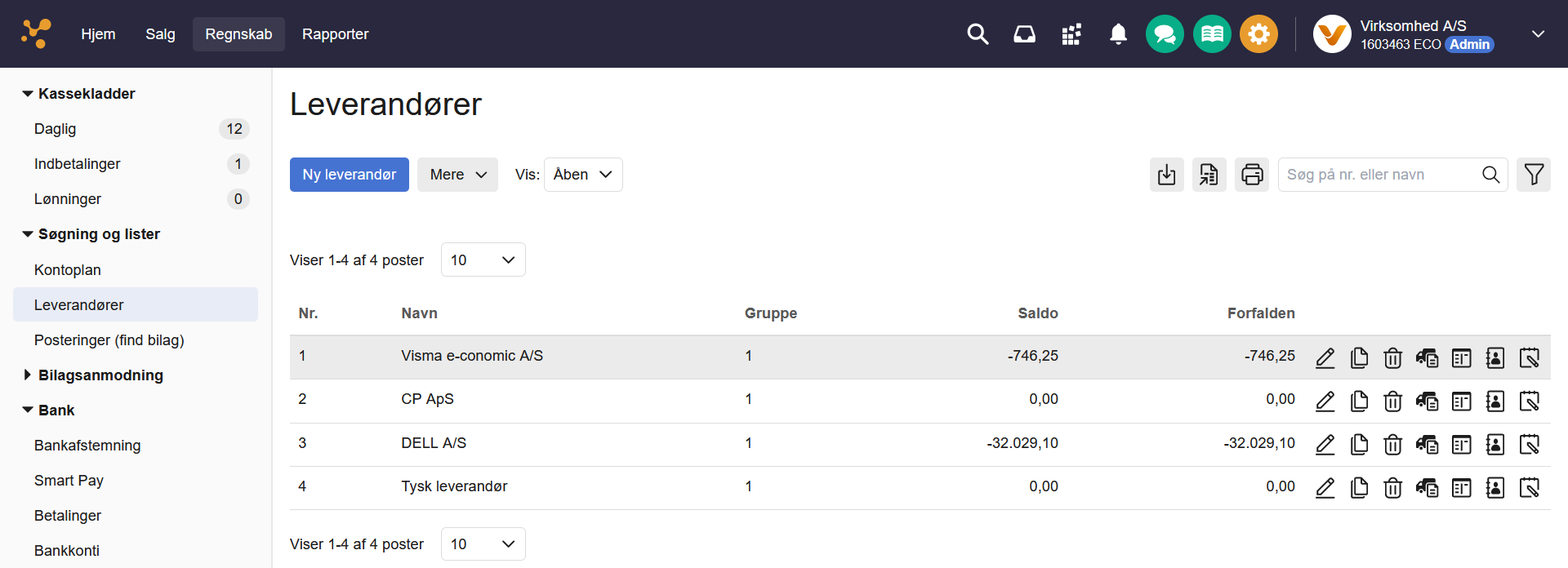 Viser leverandøroversigten under fanen Regnskab – bruges til at se og administrere virksomhedens leverandører.