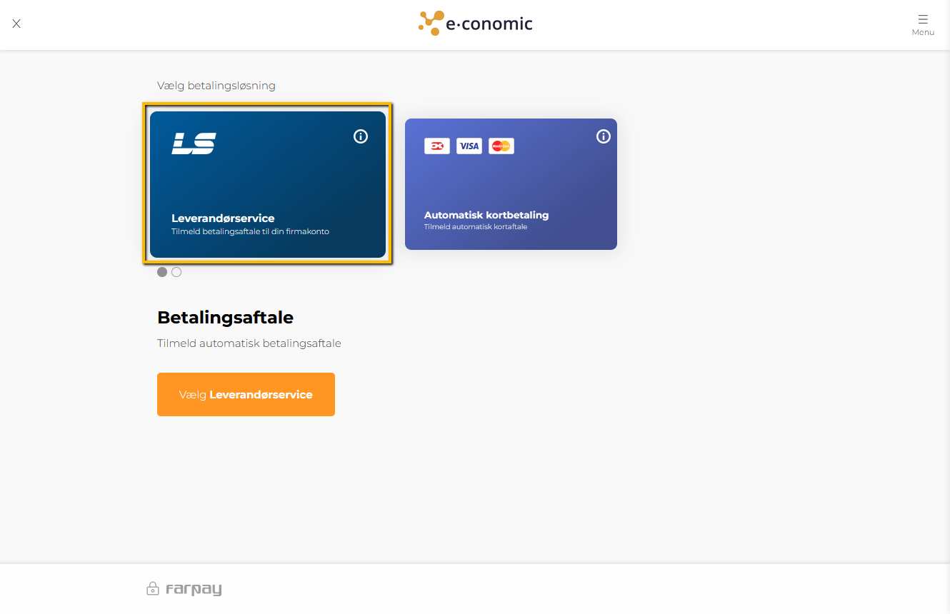 Viser formularen til Leverandørservice i abonnementsindstillingerne – bruges til at tilmelde din aftale til automatisk betaling.