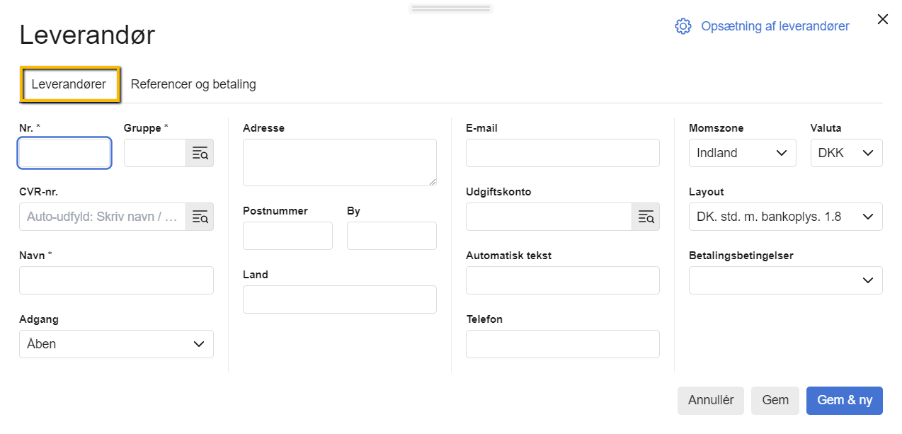 Viser formularen til oprettelse af en ny leverandør i e-conomic – bruges til at indtaste og gemme leverandørens oplysninger.