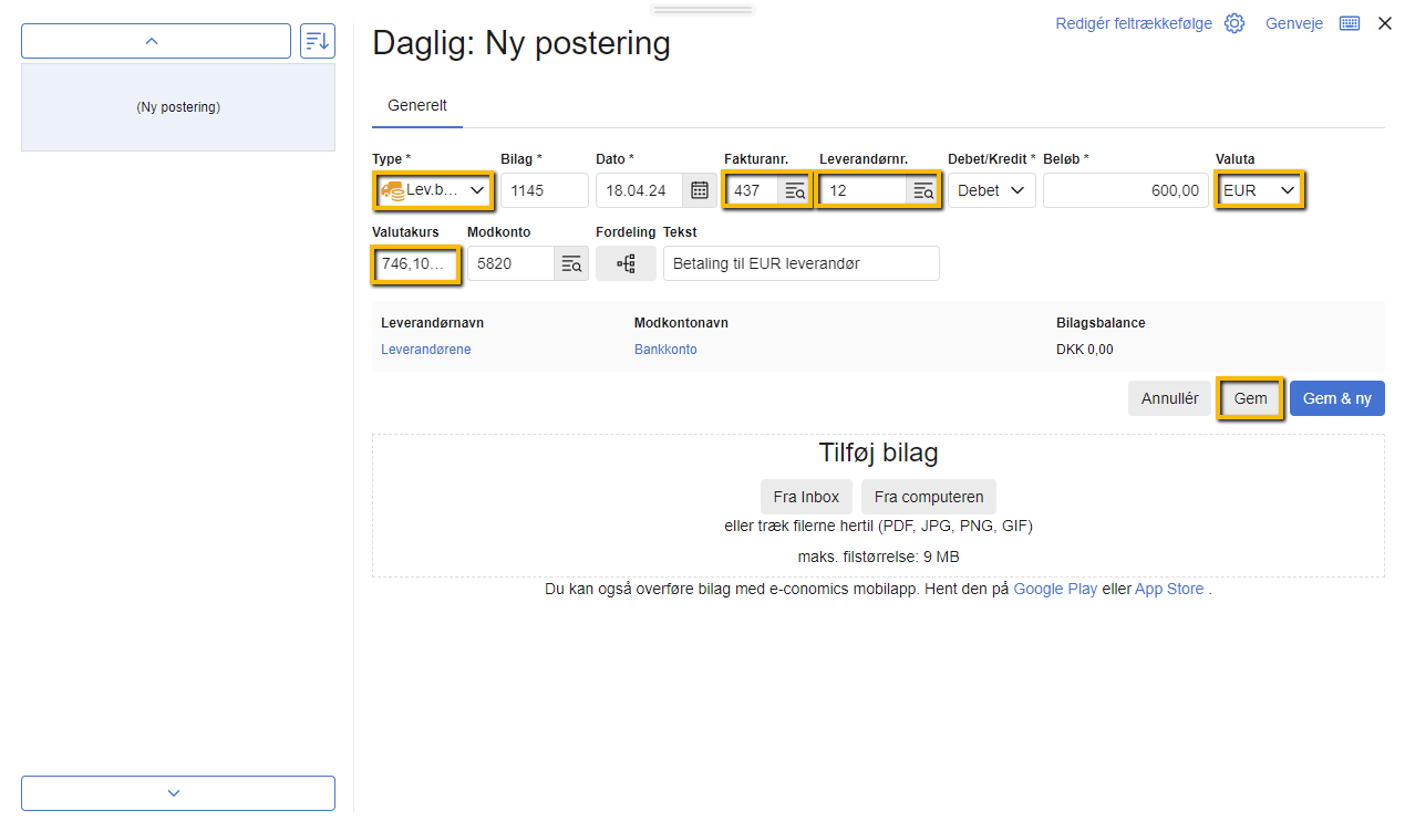 Viser en leverandørbetaling i udenlandsk valuta i kassekladden – bruges til at bogføre betalingen til en leverandør.