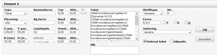 Viser et tekstelement med dynamiske felter i skabeloneditoren – bruges til at tilføje dynamiske leveringsoplysninger på en dokumentskabelon.