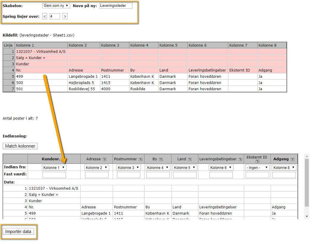 Viser mapping af kolonner i importdialogen for leveringssteder – bruges til at sikre at data fra en fil bliver indlæst i de korrekte felter.