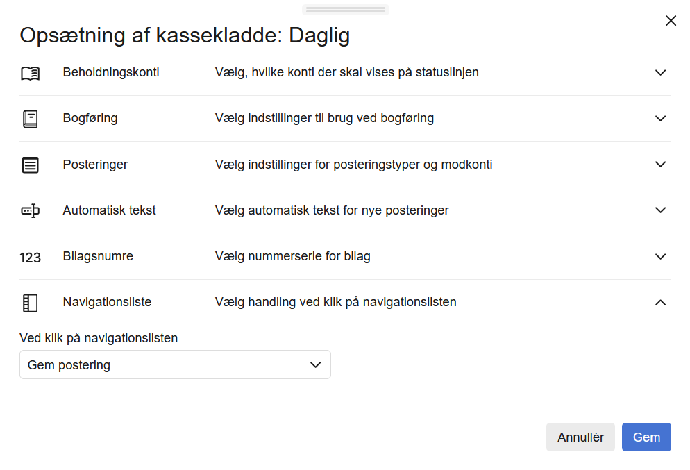 Viser opsætningsvinduet for en kassekladde i Regnskab – bruges til at tilpasse indstillingerne for kassekladden.