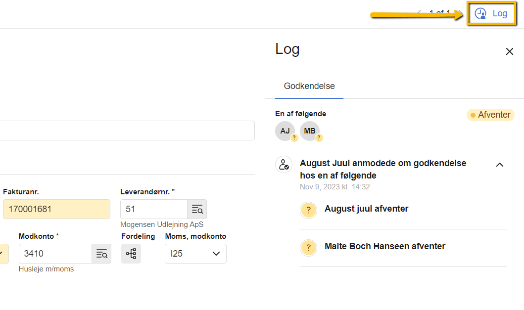 Viser Log-knappen i godkendelse af bilag – bruges til at se historik og status for et bilags godkendelsesflow.