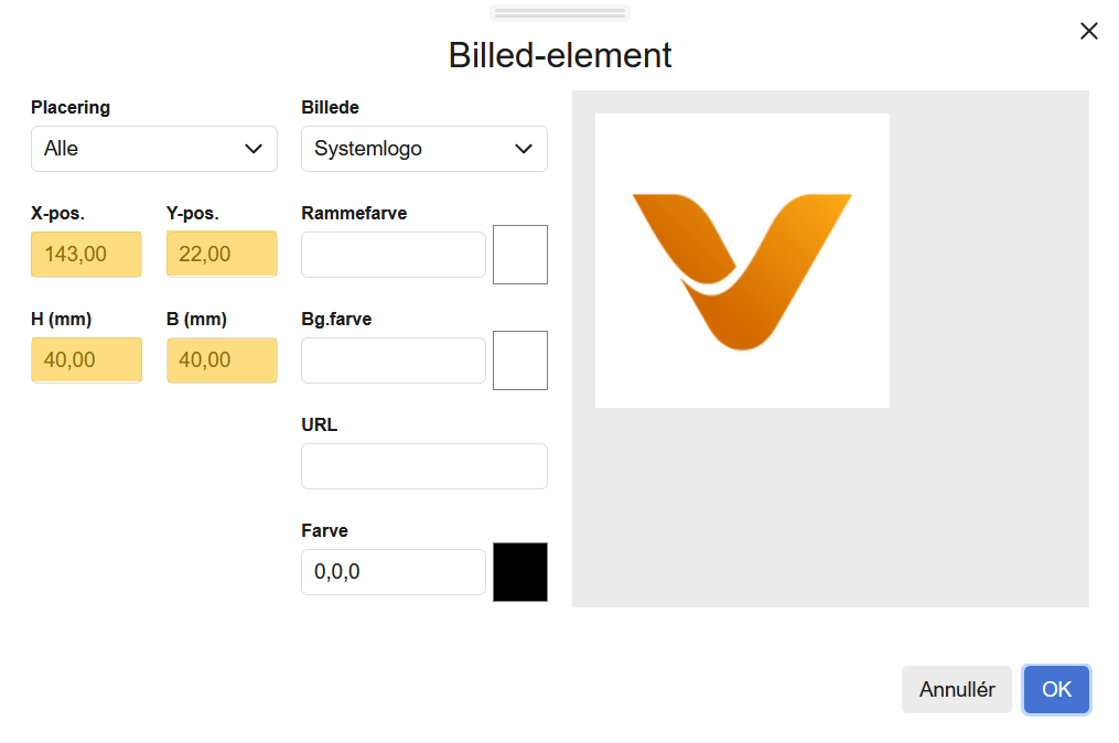 Viser indstillingsvinduet 'Billed-element' i layout-editoren for brevskabeloner – bruges til at redigere logoets placering og størrelse.