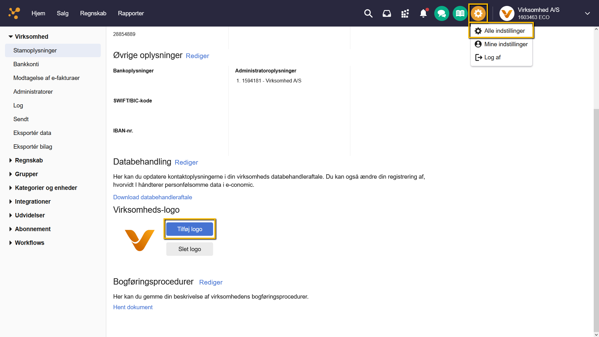 Viser knappen 'Tilføj logo' i Stamoplysninger – bruges til at tilføje et virksomhedslogo til systemet.