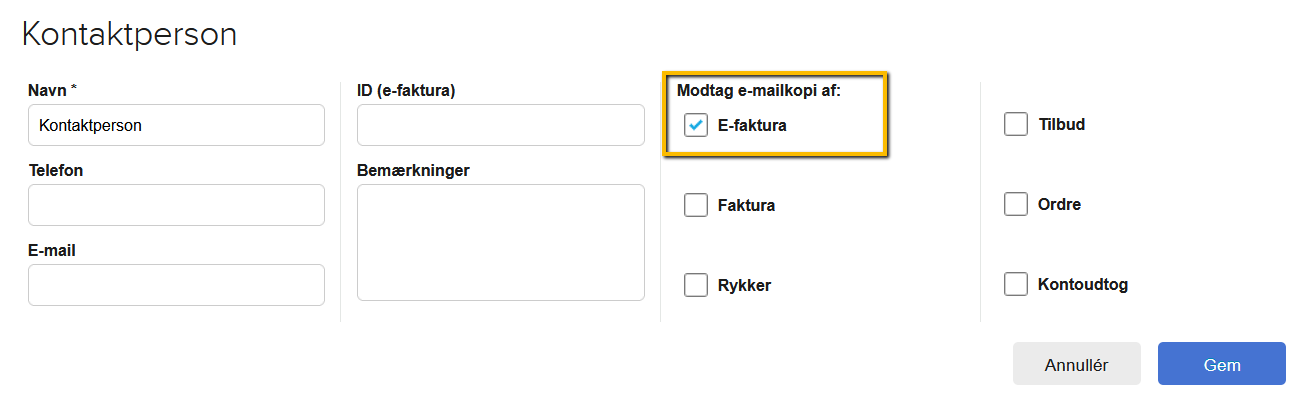 Viser flueben i 'E-faktura' i kontaktperson-indstillingerne – bruges til at sende en e-mailkopi af e-fakturaer til kontaktpersonen.