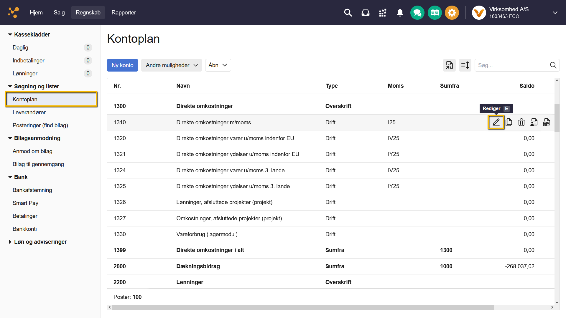 Viser redigeringsikonet (blyant) på en kontolinje i kontoplanen – bruges til at redigere en konto for at spejle den til standardkontoplanen.