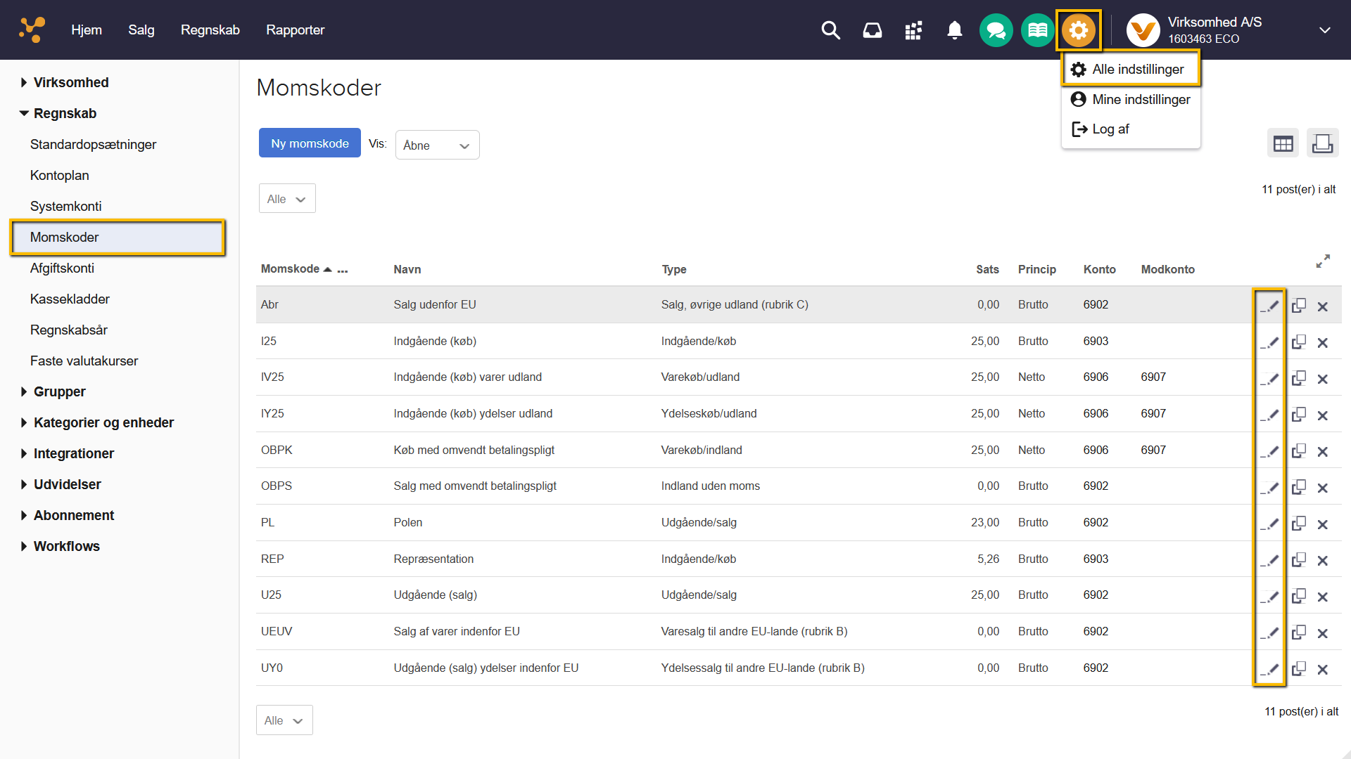 Viser redigeringsikonet for en momskode i oversigten Momskoder – bruges til at åbne en momskode for at spejle den til standardkontoplanen.