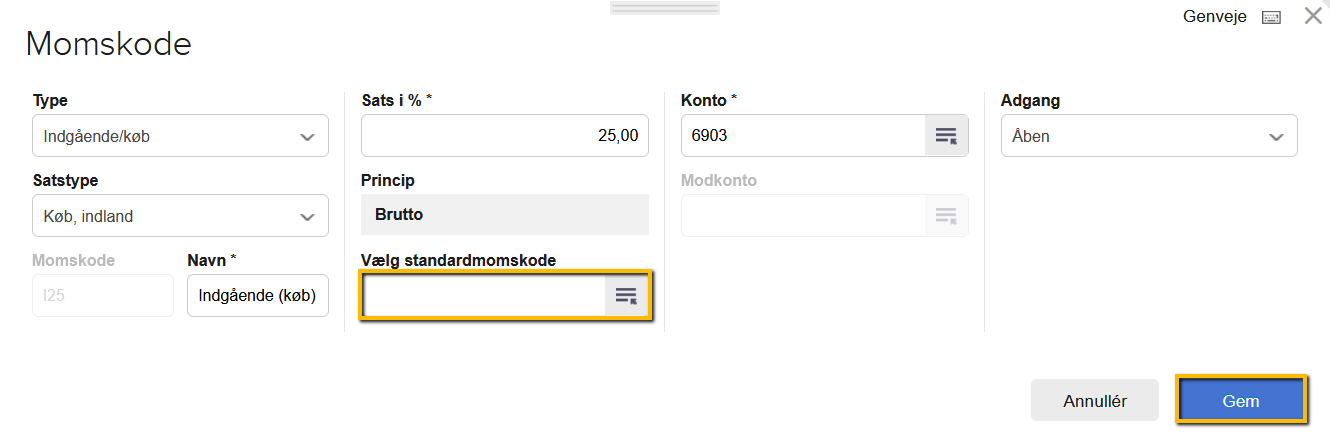 Viser feltet 'Vælg standardmomskode' i opsætningen af en momskode – bruges til at spejle den til Erhvervsstyrelsens standardkontoplan.