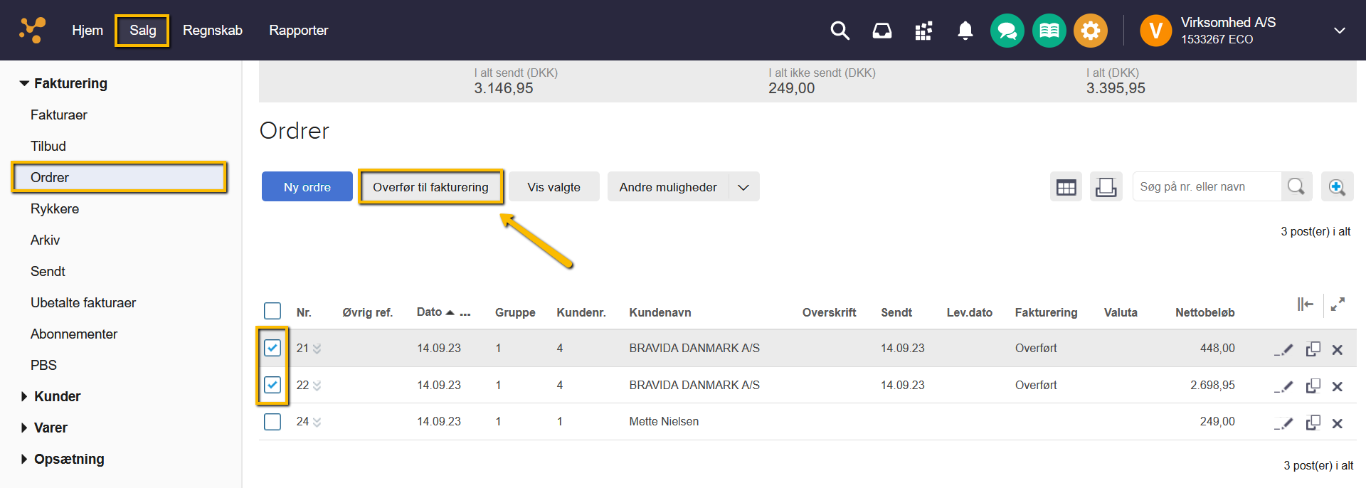 Viser knappen 'Overfør til fakturering' i ordreoversigten – bruges til at omdanne valgte ordrer til fakturaer.