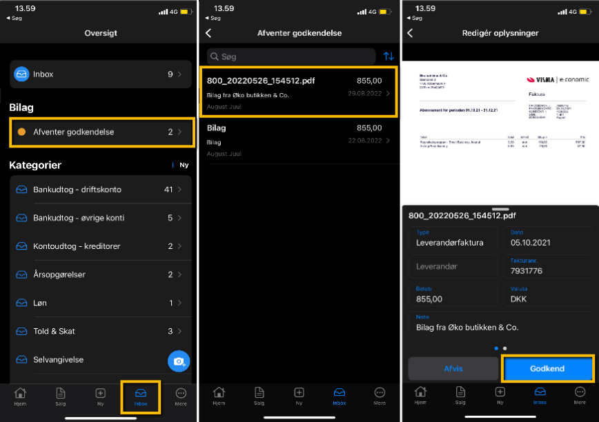 Viser godkendelse af et bilag i e-conomic appen – bruges til at finde og godkende et bilag, der venter på godkendelse.