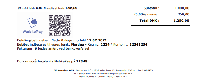 Viser placeringen af en MobilePay QR-kode i et fakturalayout – bruges til at vise, hvordan den færdige faktura kan se ud.