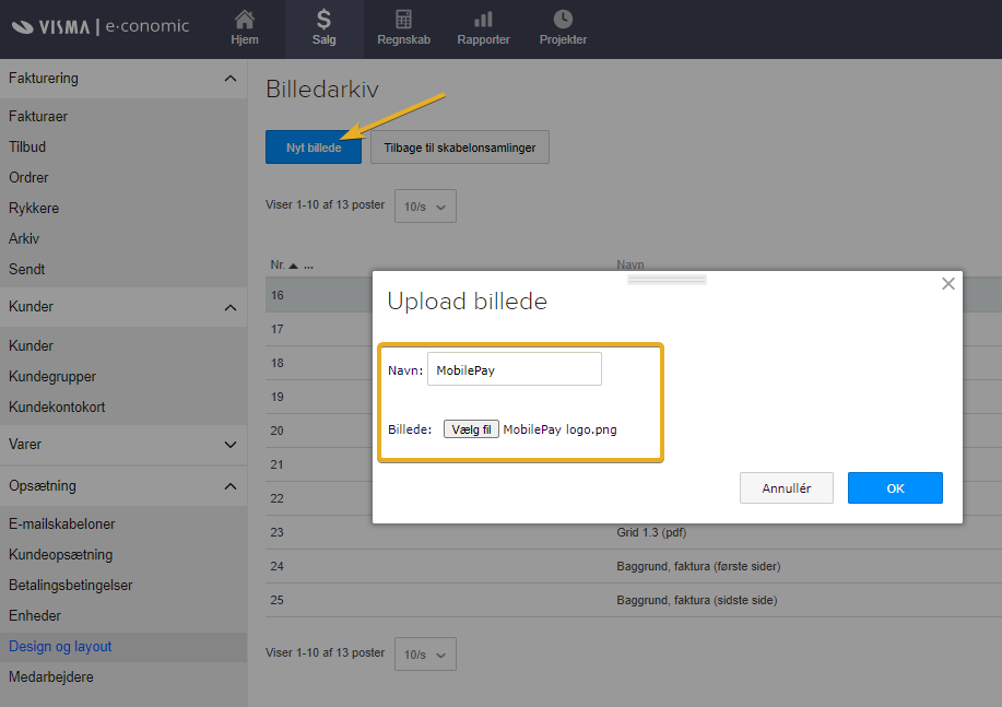 Viser upload af et nyt billede i Billedarkiv – bruges til at tilføje billeder, som f.eks. en QR-kode, til brug i fakturalayouts.