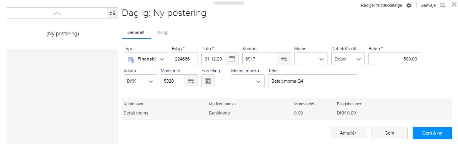 Viser en ny postering i en kassekladde – bruges til at bogføre betalt moms.