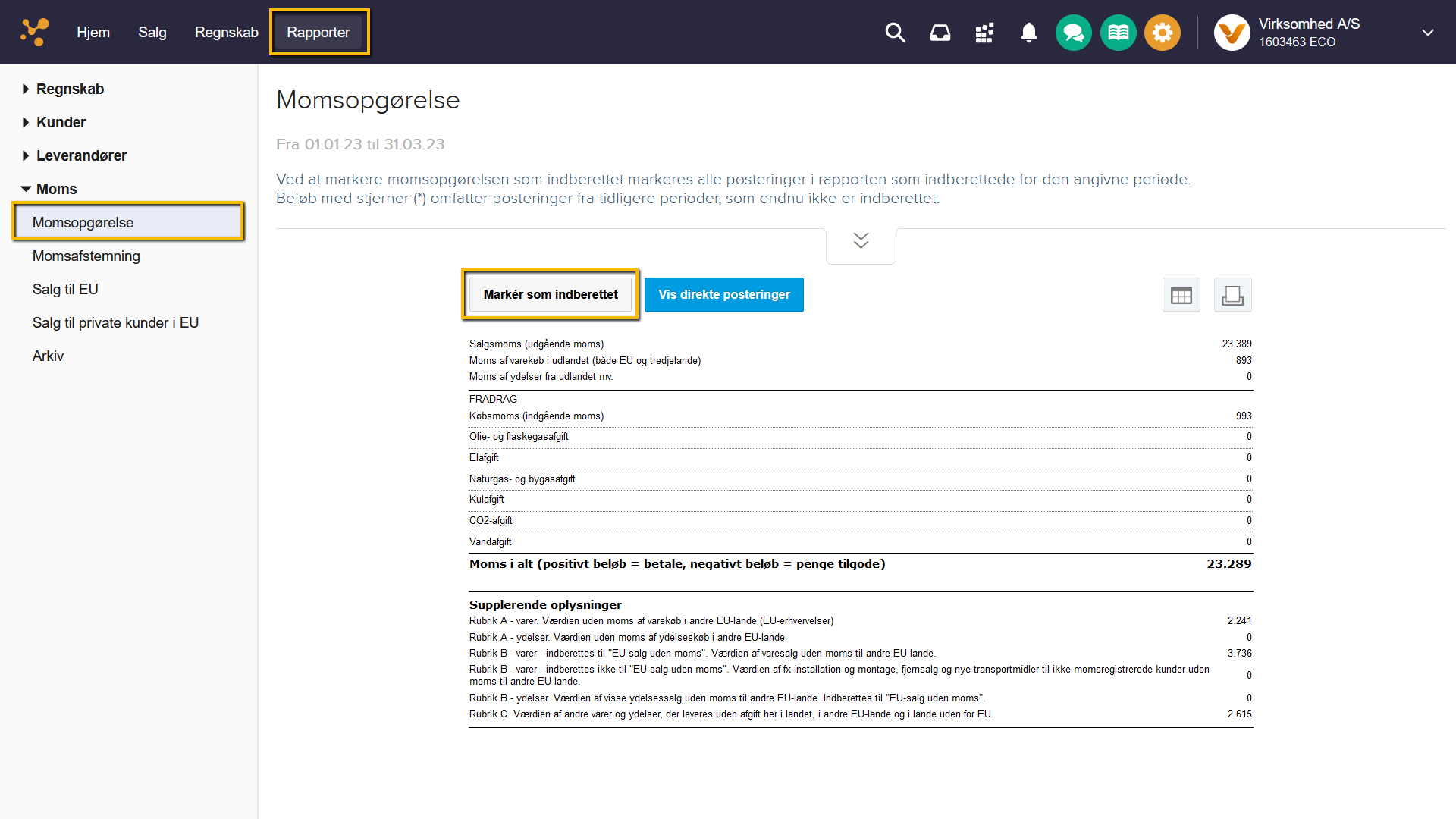 Viser knappen “Markér som indberettet” under fanen Momsopgørelse – bruges til at afslutte og bogføre momsopgørelsen for den valgte periode.