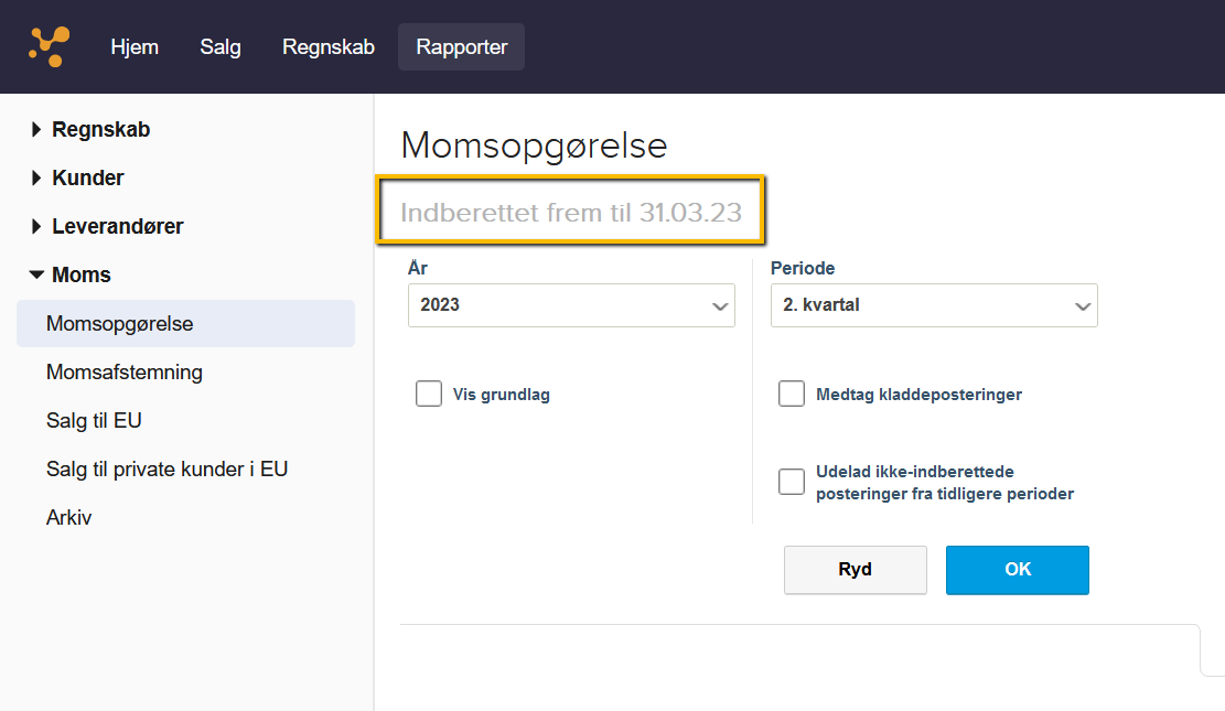 Viser status for momsindberetning i Momsopgørelsen – bruges til at informere om, til og med hvilken dato der er indberettet moms.