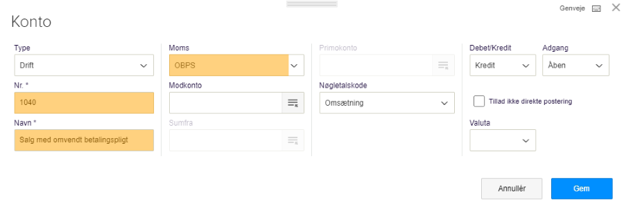 Viser opsætning af en konto i kontoplanen – bruges til at oprette en salgskonto til omvendt betalingspligt.