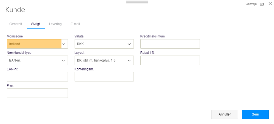 Viser valg af momszonen 'Indland' i kundekortets faneblad 'Øvrigt' – bruges til at opsætte kunden korrekt til salg med omvendt betalingspligt.