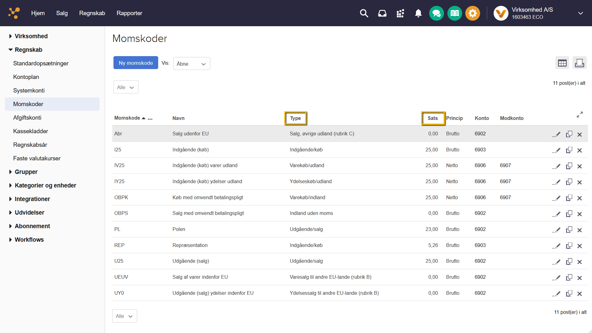 Viser listen over momskoder i Momskoder – bruges til at kontrollere og opsætte momskodernes type og sats for salg.