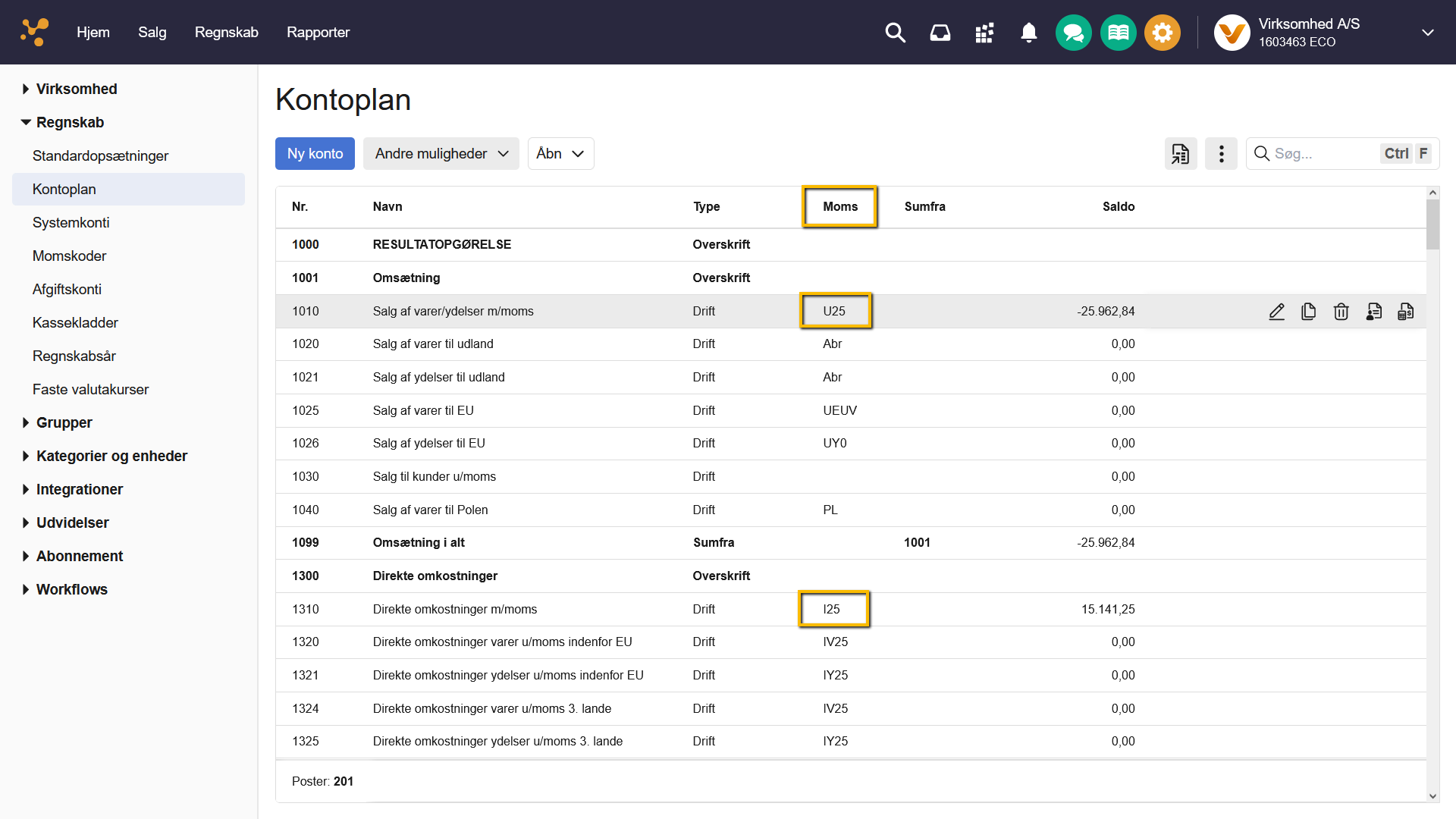 Viser momskoder tilknyttet konti i kontoplanen – bruges til at sikre, at den korrekte moms beregnes automatisk ved bogføring.