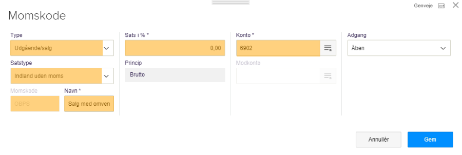 Viser opsætningen for momskoden OBPS i Momskoder – bruges til at oprette en momskode til salg med omvendt betalingspligt.