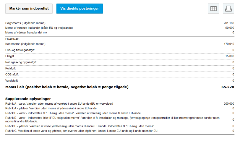 Viser momsopgørelsen i Rapporter – bruges til at aflæse det beregnede momsbeløb, der skal indberettes til Skat.