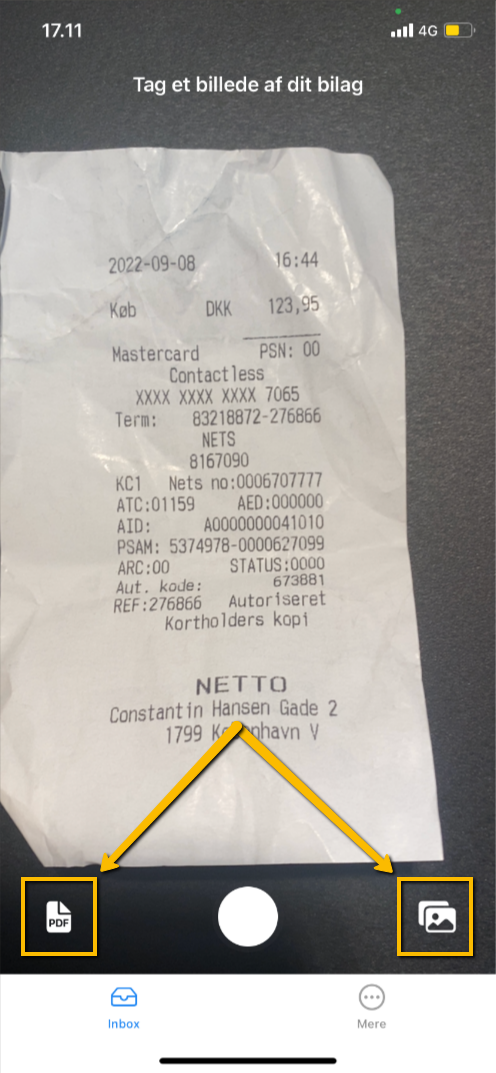 Viser kamera-interfacet i e-conomic mobilappen – bruges til at tage et billede af et fysisk bilag og sende det til Indbakken.