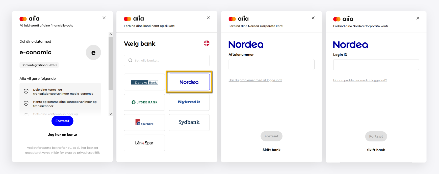 Viser opsætningsflowet i bankintegrationen Aiia – bruges til at oprette en bankforbindelse til Nordea Corporate.