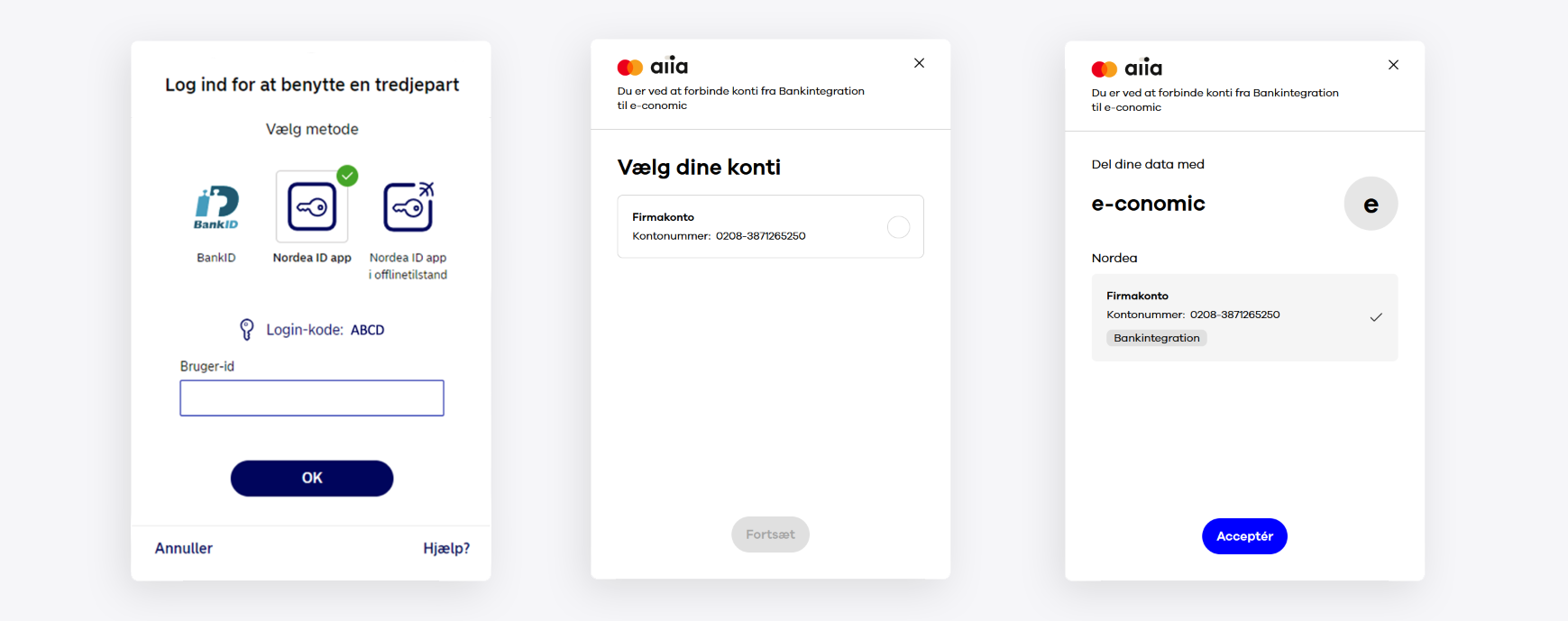 Viser godkendelsen af bankforbindelsen i Aiia – bruges til at forbinde en Nordea Corporate-konto til e-conomic.