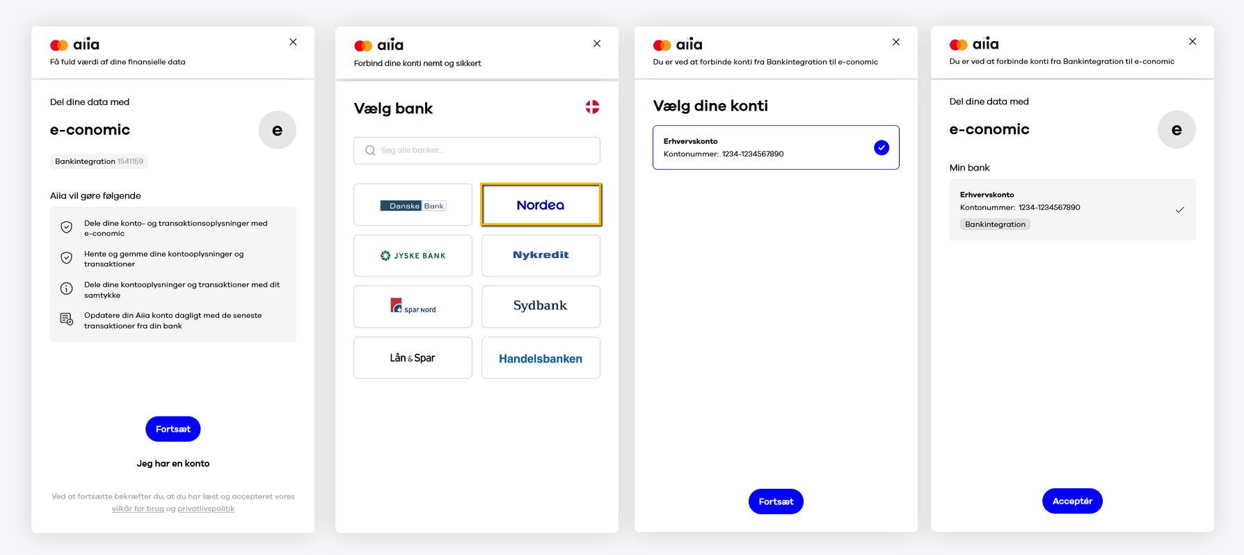Viser opsætningsflowet i Bankintegration via Aiia – bruges til at forbinde en Nordea-bankkonto med e-conomic.