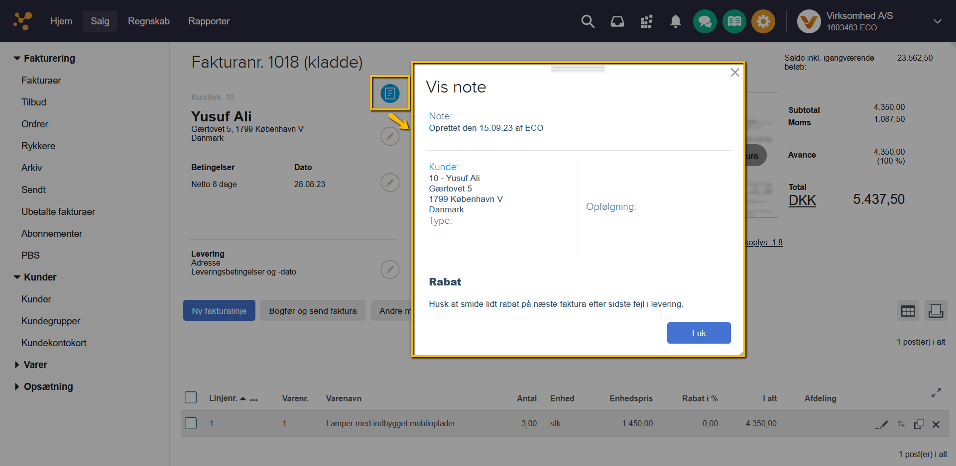 Viser en kundespecifik note i en fakturakladde – bruges til at huske vigtig information om kunden under fakturering.