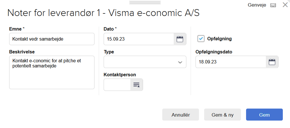Viser oprettelse af en ny note i leverandørkartoteket – bruges til at gemme information og oprette opfølgninger på en leverandør.