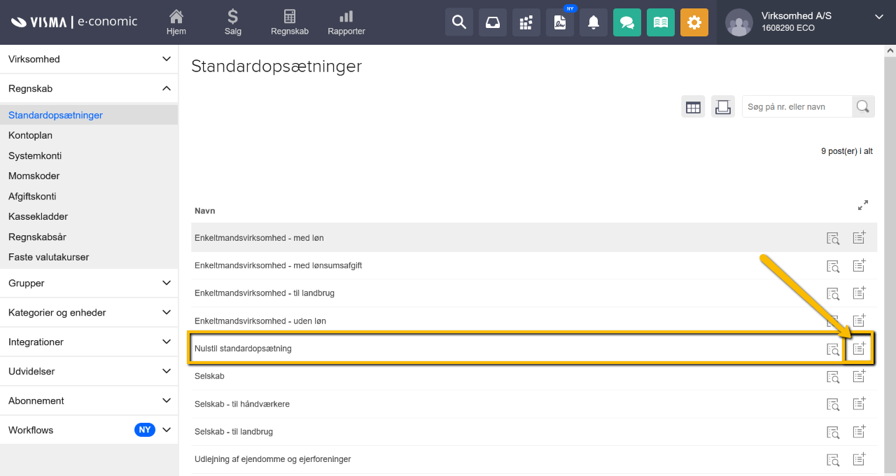 Viser "Anvend"-ikonet for 'Nulstil standardopsætning' i Standardopsætninger – bruges til at nulstille regnskabets opsætning.