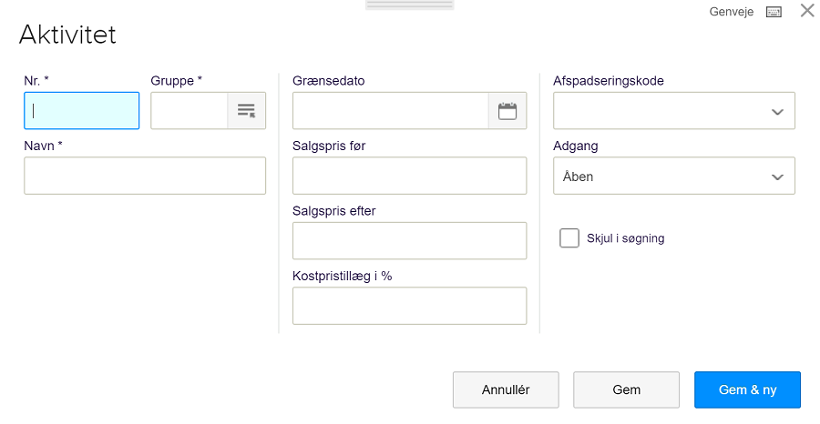 Viser oprettelsesvinduet for en aktivitet i Projektstyring – bruges til at oprette en ny aktivitet og angive dens nummer, navn, priser og afspadseringskode.