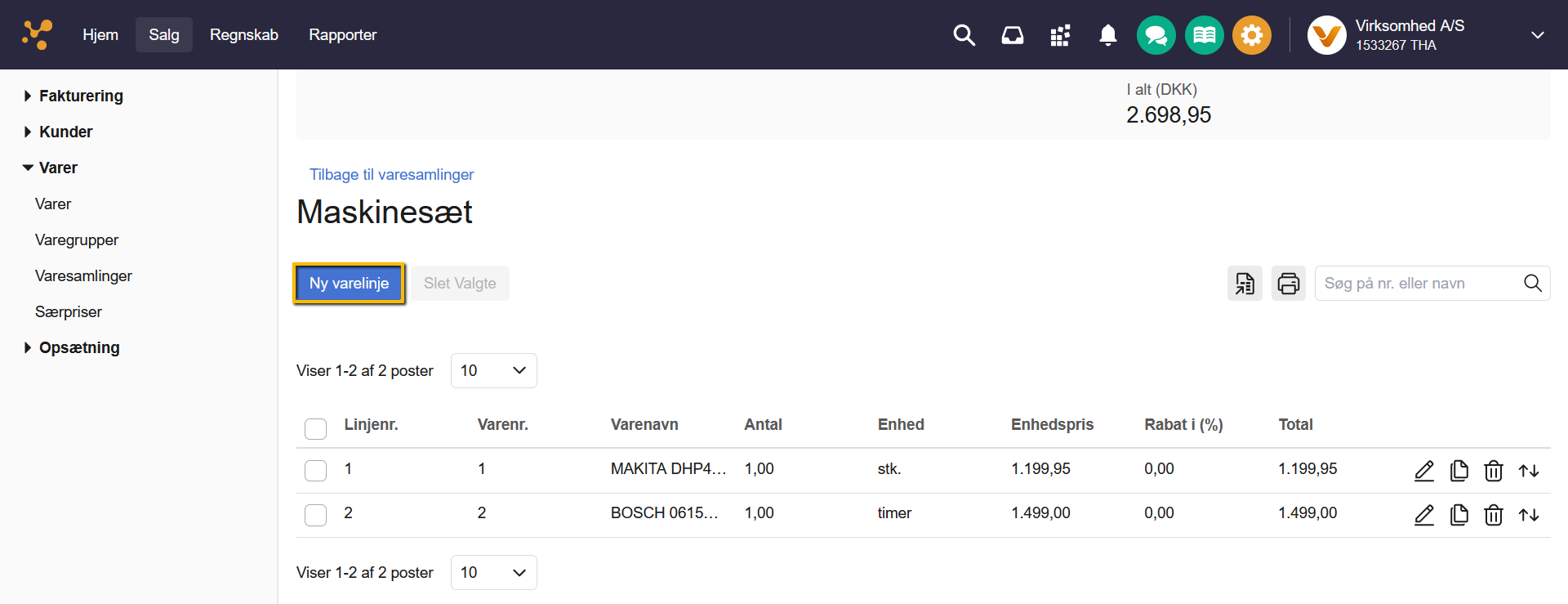 Viser knappen 'Ny varelinje' i en varesamling – bruges til at tilføje en ny varelinje til varesamlingen.