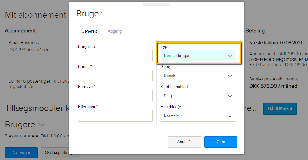 Viser feltet 'Type' under oprettelse af en ny bruger – bruges til at vælge brugerens adgangsniveau.